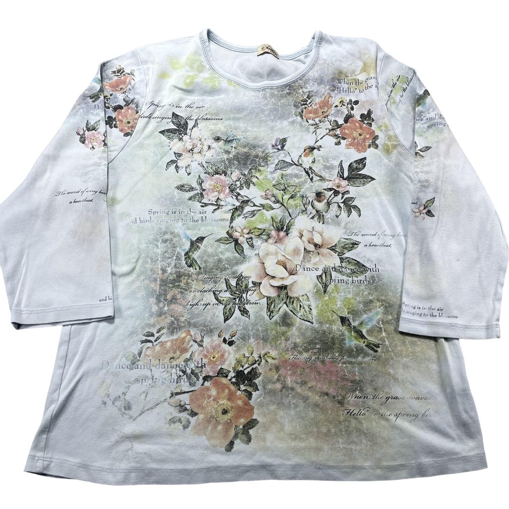 Cactus Shirt Womens 1X Plus Multicolor Floral Hummingbird Rhinestone 3/4 Sleeve